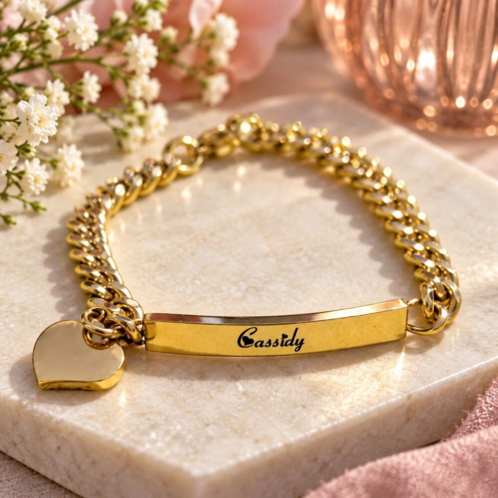 Cassidy Gold Tone ID Bracelet, Heart Charm, Personalized Name Chain Bracelet